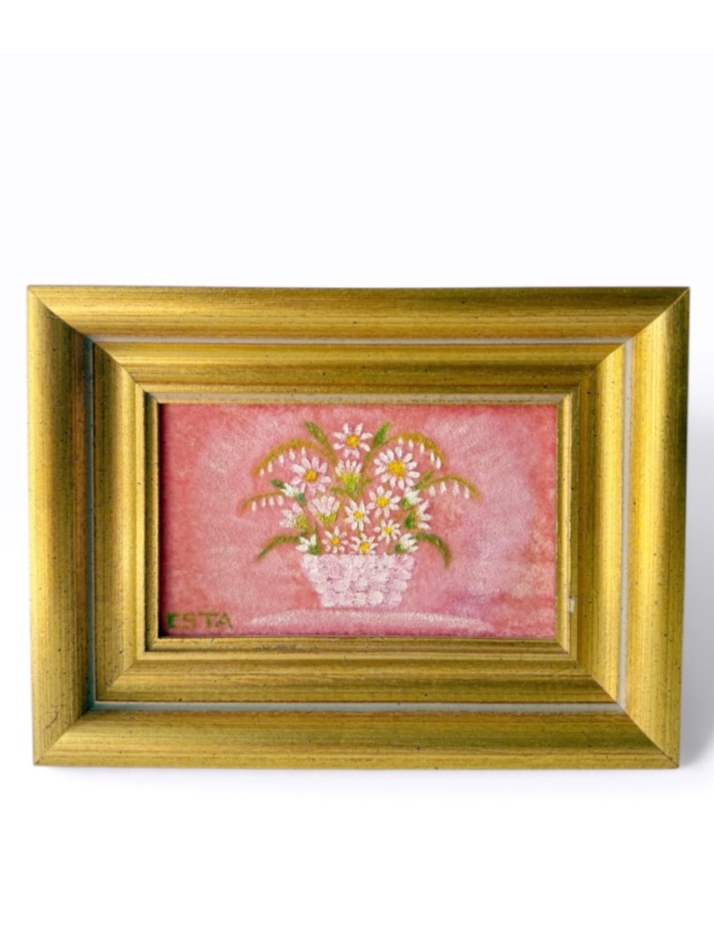 Vintage Original Signed Daisies on Pink Velvet Small Mini Framed Painting